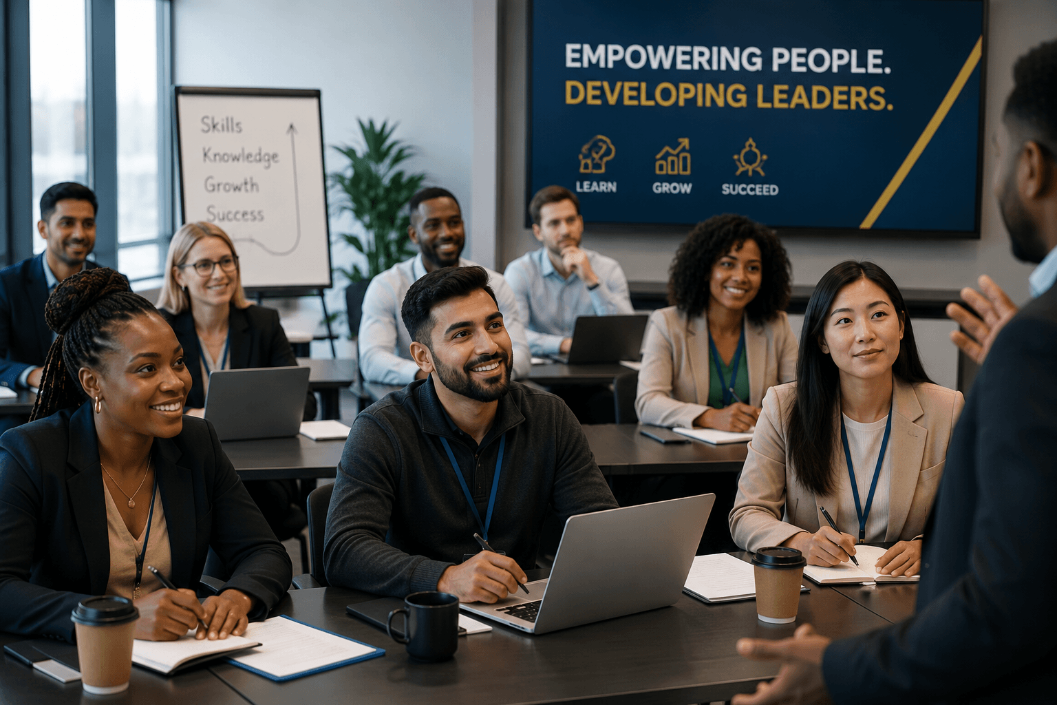 Corporate trainer delivering workforce training to a professional team